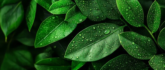 Fototapeta premium A close-up of verdant leaves dotted with water droplets