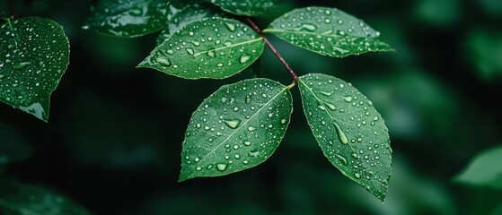  A tight shot of a verdant leaf, dotted with dainty water droplets, against a softly blurred backdrop of additional leaves and their accompanying beads of water
