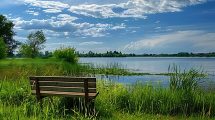 A beautiful lakeshore bench amid a grassy grassland