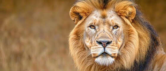 Fototapeta premium A tight shot of a lion's face with a hazy grass background in the foreground