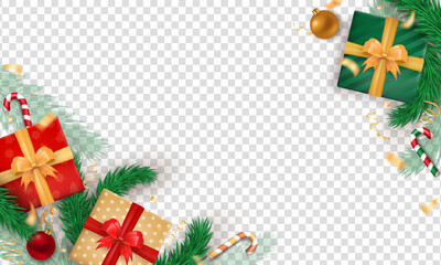 3d gift boxes with bows, golden confetti, striped candy cane and green pine branches as a frame on a transparent background for Christmas and New Year . Winter holiday banner design with copy space