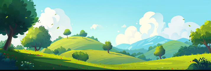 Fototapeta premium Landscape: A serene, nature-inspired background with rolling hills and trees, creating a calming ambience for the game show.