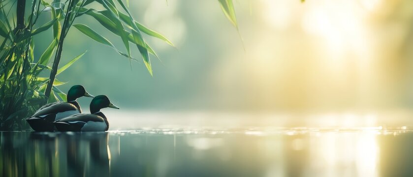  A couple of ducks float on a tranquil lake, surrounded by a dense, lush forest The greenery is dominated by bamboo leaves