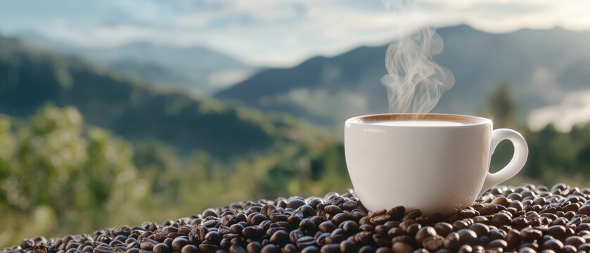 A cup of coffee atop java beans, emitting steam from its spout