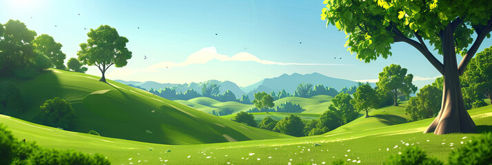 Landscape: A serene, nature-inspired background with rolling hills and trees, creating a calming ambience for the game show.