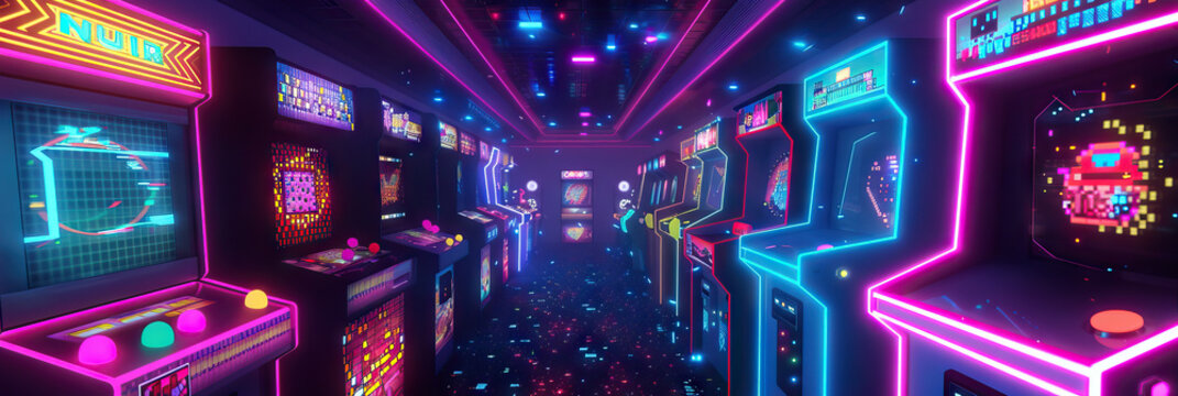 Retro Arcade Glow: A nostalgic, 1980s-inspired arcade game background, complete with neon lights and pixelated details.