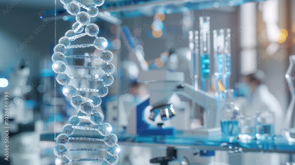 Aufkleber the dna strand is prominently displayed against a blurred laboratory background filled with scientif