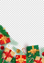 Christmas vertical banner template with traditional gift boxes with bows, Xmas balls, candy cane, golden confetti and green pine branches. Xmas decor isolated on transparent background with copy space