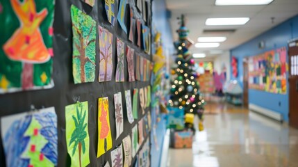 Obraz premium Colorful Elementary School Art Display in Hallway with Christmas Decor during Holiday Season