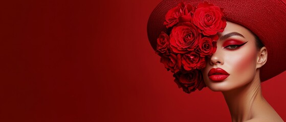  A woman in a red hat adorned with roses and wearing red lipstick, against a solid red backdrop