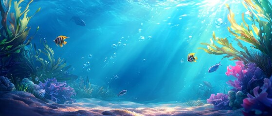 Fototapeta premium sunlit waters teem with swimming fish and vibrant coral formations beneath