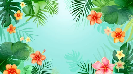 Selbstklebende Fototapeten Tropical Exotic Flowers with Green Leaf Background Vector for Summer Theme Promotions or Discounts © dDenVil