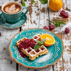 Vietnamese waffles with raspberry jam, raspberries, and mint, accompanied by tea and half an orange on a green plate on a wooden table. Delicious breakfast.