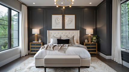 A modern transitional bedroom with a statement wall painted in a rich charcoal gray, contrasted by a white upholstered bed
