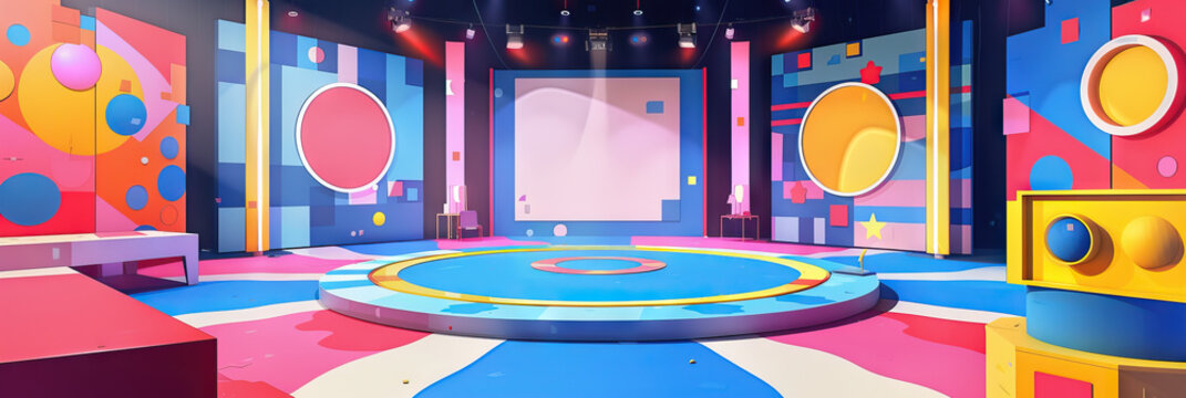 Pop Art Playground: Game show sets with colorful, playful abstract backgrounds reminiscent of pop art 