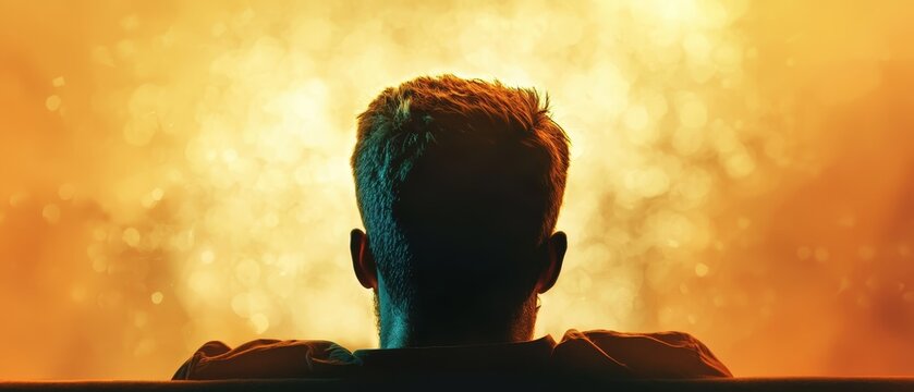  A man's silhouette against a yellow backdrop, featuring a blurred image of his backhead