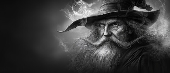 long beard, worn hat, smoke wafting