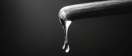  A monochrome image of a pipe with a solitary drop of water at its terminus