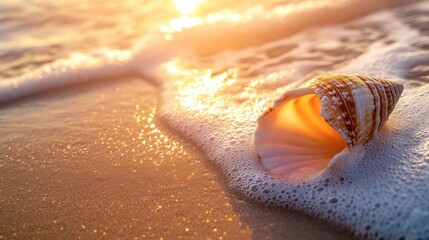 Obraz premium A beautiful seashell in the sand, with gentle waves washing up against it at sunrise.