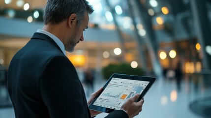 A business professional holding an iPad with a real-time stock trading app in a high-tech office.