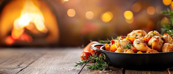  A tight shot of a laden pan on a weathered table before a fireplace hearth, where flames dance
