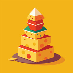 A Cheese Illustration with cute eyes, cheese tower, wedge, melting edges, riding a skateboard