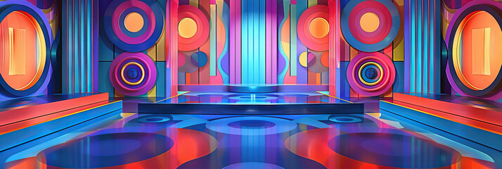 Retro Reflections: 1970s-inspired game show stages with psychedelic abstract backgrounds, creating a groovy vibe.