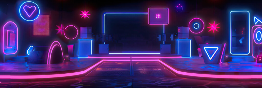 Neon Nights: A darkened game show stage lit up by neon signs and abstract glowing shapes, adding a futuristic touch.