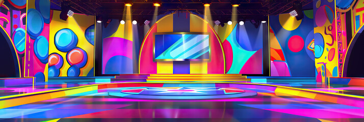 Vibrant Vibes: Brightly colored game show sets with abstract backgrounds, showcasing energetic colors and patterns.