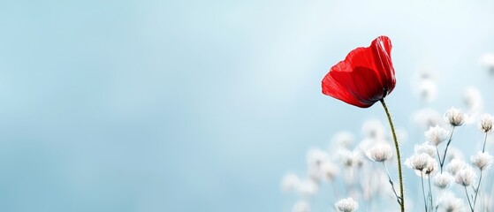  A solitary red bloom atop a sea of tall white flowers against a backdrop of blue sky