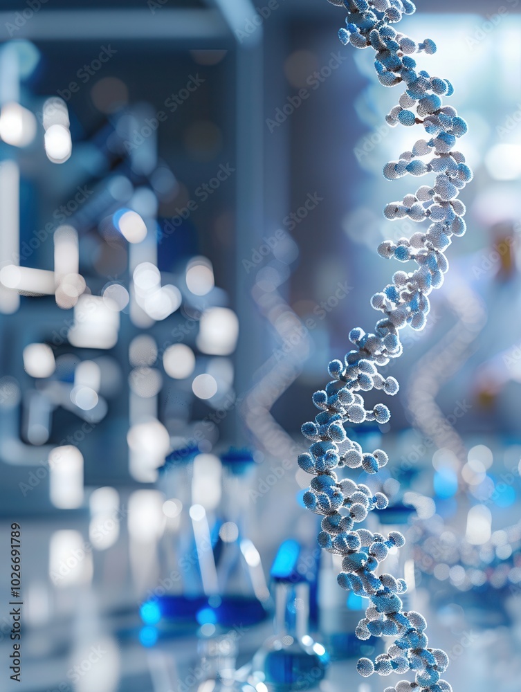 Poster A close view of a DNA double helix shows intricate details while laboratory tools create a blurred backdrop enhancing the scientific atmosphere. Generative AI