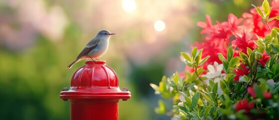  A bird atop a red fire hydrant, nearby is a bush with scarlet flowers as its backdrop