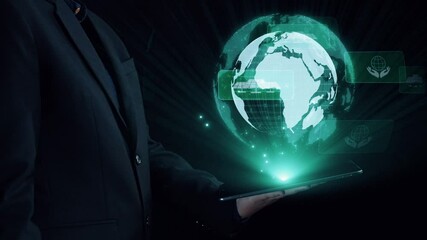 Business person implements green strategies, promoting sustainable growth. Discover how businesses lead with sustainable, green innovations for a healthier planet. UUID