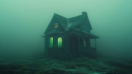 A small, haunted Victorian house standing alone at the end of a foggy cul-de-sac