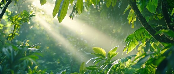 Fototapeta premium Through the forest, a sunbeam penetrates the canopy, illuminating lush green leaves as it passes through