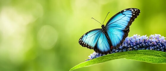  A blue butterfly atop a purple flower against a green and white blurred backdrop
