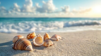 A close-up of seashells scattered on a sandy surface, with gentle ocean waves in the distance.
