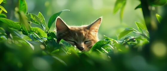  A cats head nestled on a leafy plant in a close-up of a feline resting in a field of grass