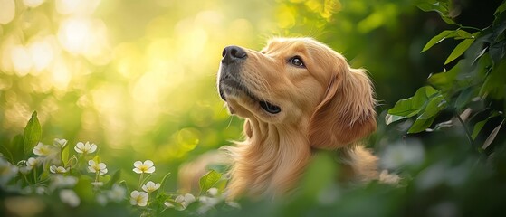  A tight shot of a dog in a lush grass and flower-filled field, with the sun casting rays upon its expression