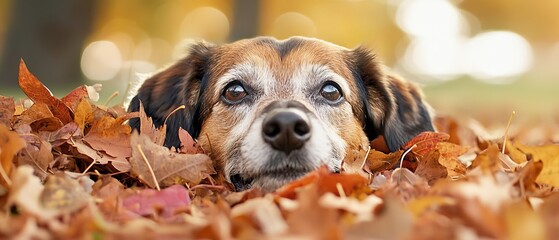  A tight shot of a dog reclining in a mound of leaves, gaze fixed on the camera