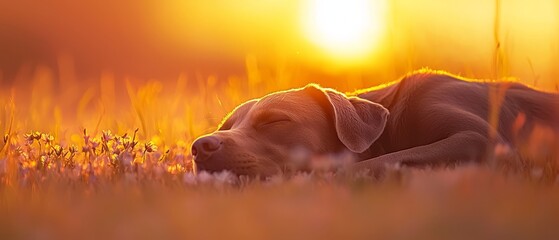 Naklejka premium A tight shot of a dog resting in a verdant field as the sun sets in the distance