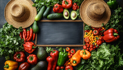 Colorful assortment of fresh vegetables and vibrant sombreros arranged around a blank chalkboard, perfect for a festive, inviting festival frame.