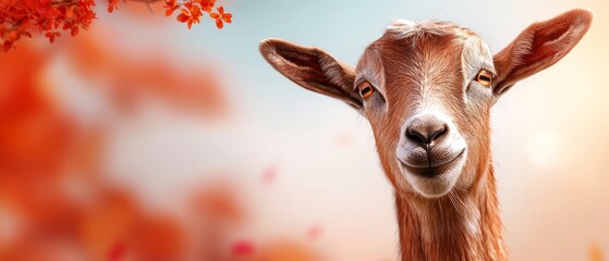 Naklejka premium A tight shot of a goat's head, gazing at the viewer, surrounded by tree foliage in the background, and leaves in the foreground