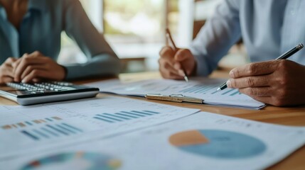 A couple sitting with a financial planner, reviewing retirement options with a detailed chart on the table.