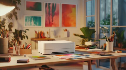 A creative workspace with a compact photo printer producing high-quality prints, surrounded by art supplies.