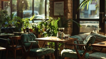 Cozy cafe with plants and sunlight, inviting ambiance for relaxation and socializing. Enjoy a drink in this warm setting.