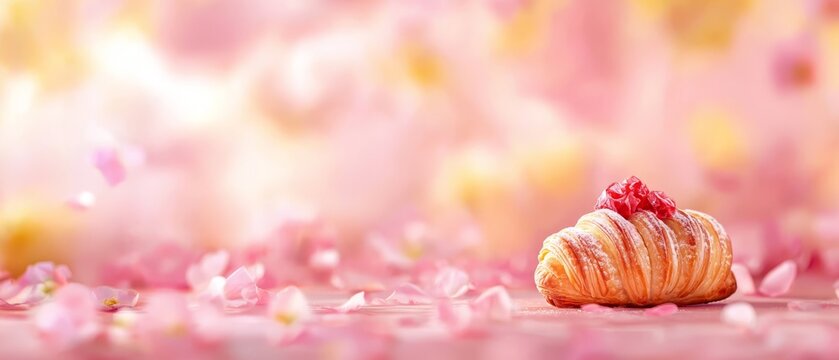 A croissant, adorned with a ribbon bow, sits atop a vast expanse of pink blossoms in an open field