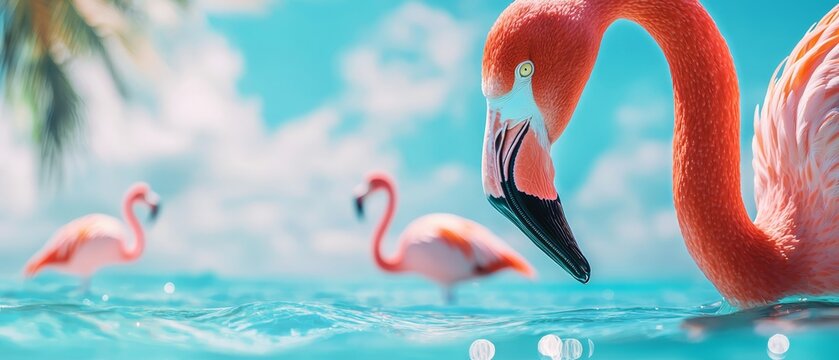  A collection of flamingos atop a water body, side by side on a sunlit day