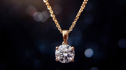 A diamond pendant hanging from a gold chain, sparkling against a black velvet background.