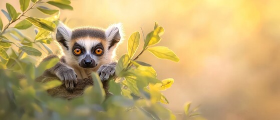 Fototapeta premium A small, brown-and-white animal sits atop a verdant tree, adorned with numerous leafy branches